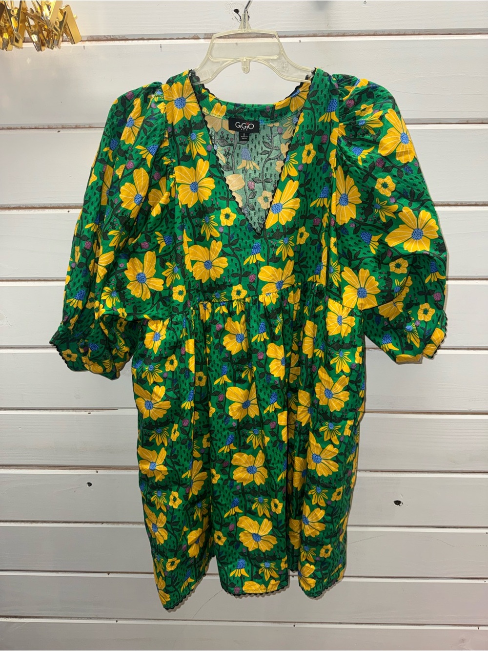 Green and Yellow Floral Puff Sleeve Mini Dress Gigio - Picture 2 of 8